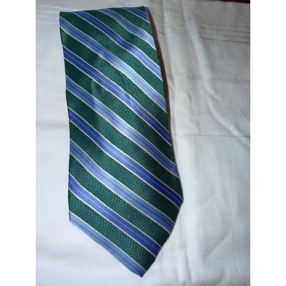 Brooks Brothers Silk Tie Green Blue Stripe Stain Resistant Woven England office